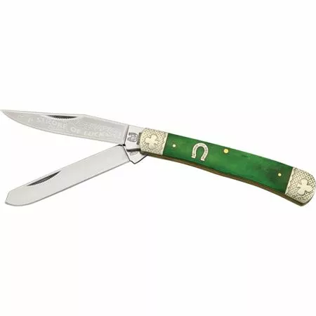 Rough Rider Knives Rough Rider 1056 Stroke Of Luck Trapper Folding Pocket Knife With Green Bone Handle