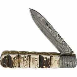 Old Forge Knives Old Forge 011 Barlow Damascus Stacked Stag Folding Pocket Knife With Stag Handle