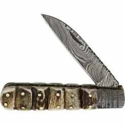Old Forge Knives Old Forge 018 Wharncliff Barlow Damascus Folding Pocket Knife With Stag Handle