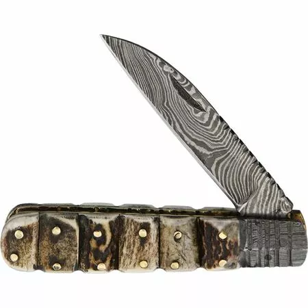 Old Forge Knives Old Forge 018 Wharncliff Barlow Damascus Folding Pocket Knife With Stag Handle