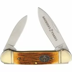 XYZ Brands 1551 Canoe Brown Bone Folding Pocket Knife With Burnt Orange Jigged Bone Handle