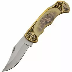 China Made 211411WF Wolf Lockback Folding Pocket Clip Point Knife With Smooth Bone And Brass Handle