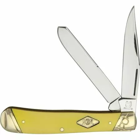 Rough Rider Knives Rough Rider 1731 Trapper Classic Carbon Mirror Finish Clip And Spey Blade With Yellow Smooth Synthetic Handle