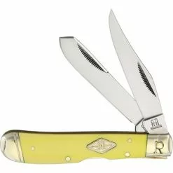Rough Rider Knives Rough Rider 1735 Trapper Mirror Finish Carbon Steel Clip, Spey Blade With Yellow Smooth Synthetic Handle