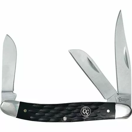 Cattlemans Cutlery Cattlemans 0001JBD Signature Stockman Satin Finish Clip, Sheepsfoot And Spey Blades Knife With Black Jigged Delrin Handle