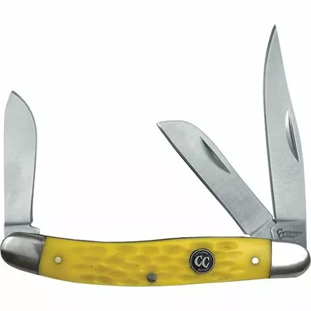 Cattlemans Cutlery Cattlemans 0001JYD Signature Stockman Satin Finish Clip, Sheepsfoot And Spey Blades Knife With Yellow Jigged Delrin Handle