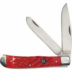 Cattlemans Cutlery Cattlemans 0002JRD Signature Trapper Satin Finish Clip And Spey Blades Knife With Red Jigged Delrin Handle
