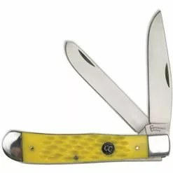 Cattlemans Cutlery Cattlemans 0002JYD Signature Trapper Satin Finish Clip And Spey Blades Knife With Yellow Jigged Delrin Handle