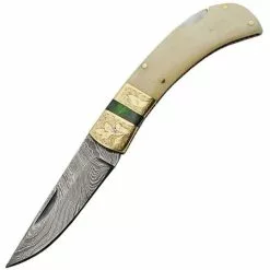 Damascus Knives Damascus 1199 Lockback Damascus Steel Clip Point Blade Knife With White Smooth Bone Handle