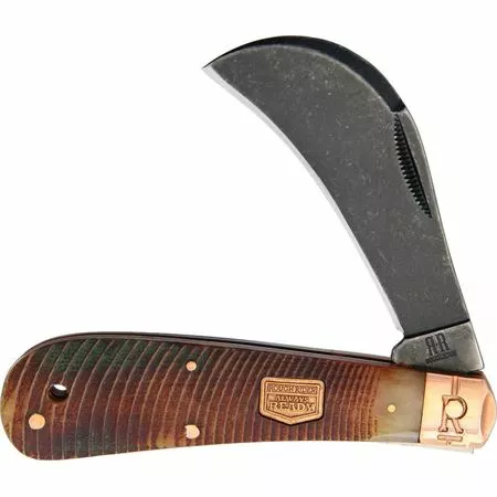 Rough Rider Knives Rough Rider 1843 Backwoods Black Stonewash Finish Stainless Hawkbill Blade Knife With Amber Sawcut Bone Handle
