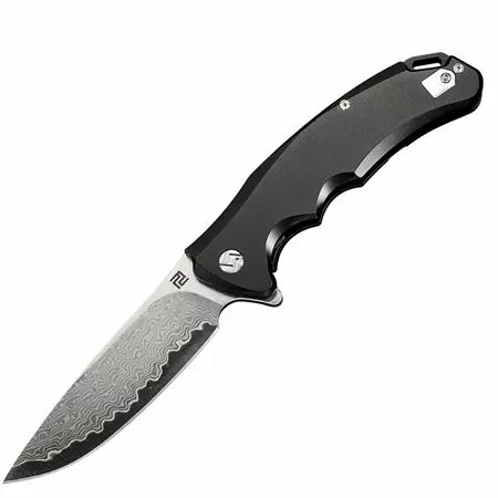 Artisan Knives Artisan 1702GDBK Damascus Steel Blade Tradition Framelock Knife With Black Titanium Handle