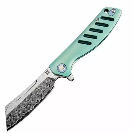 Artisan Knives Artisan 1815GDGN Damascus Steel Blade Tomahawk Framelock Knife With Green Titanium Handle