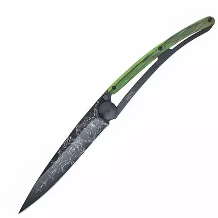 Deejo Knives Deejo 1GB146 Tattoo Black 37g Versailles Knife With Green Beech Wood Handle